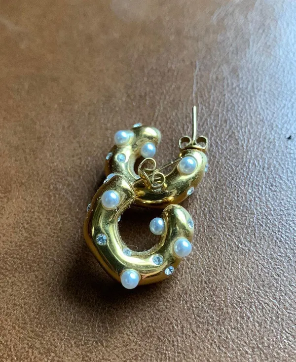 Gold Plated Pearl And Diamond Chunky Hoops - Image 2