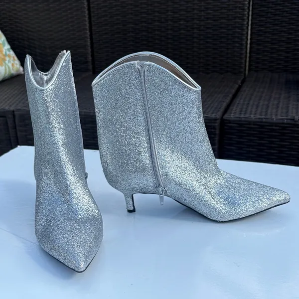 On 34th Aatira Tulip Silver Glitter Ankle Booties NEW - Image 2