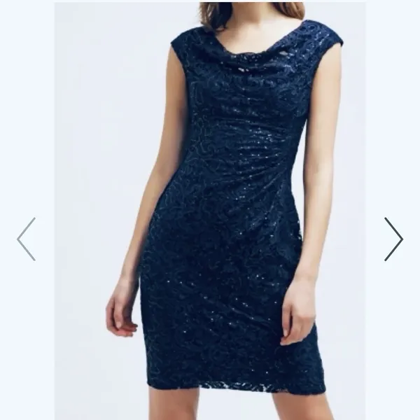 Ralph Lauren Navy Blue Sequin Lace Cowl Neck‎ Sheath Sleeveless Dress Size 10 - Image 2