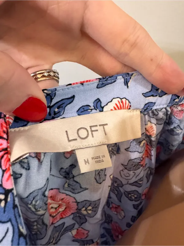 Loft Peasant Floral Top Tie Blouse Medium Blue Pink - Image 5