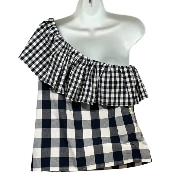 J.Crew Womens One Shoulder Ruffle Gingham Top Navy Blue White AZ102 Size 4 NWT - Image 3