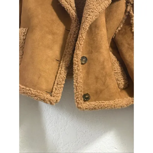 Fuzzy Stoosh Brown Cropped Puffer Jacket puppy Sherpa faux suede XL - Image 2