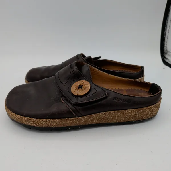 Haflinger Charlotte Brown Leather Cork Clog Mules Wood Button Womens 37 US 6-6.5 - Image 2