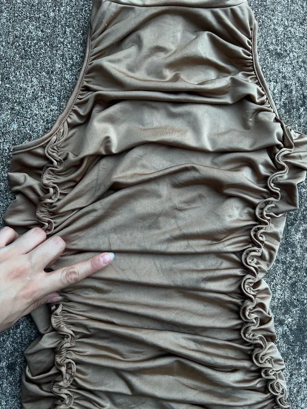 E: Hera Collection Taupe Mock Neck Ruched Bodycon Dress Size S Marks - Image 4