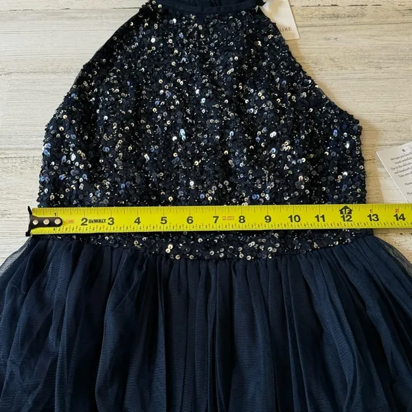 Maya Deluxe Halter Dark‎ Blue Sequin Top Tulip Skirt Midi Sleeveless Prom Dress - Image 13