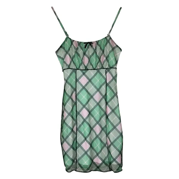 Rue21 Mini Dress Womens M Green Pink Plaid Mesh Bow Sheer Lined Coquette Y2K - Image 2