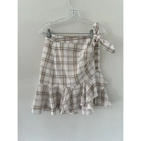 VERONICA BEARD Kaia Tan & White Check Plaid MINI Skirt w/Tie Women's Size XSmall - Image 3