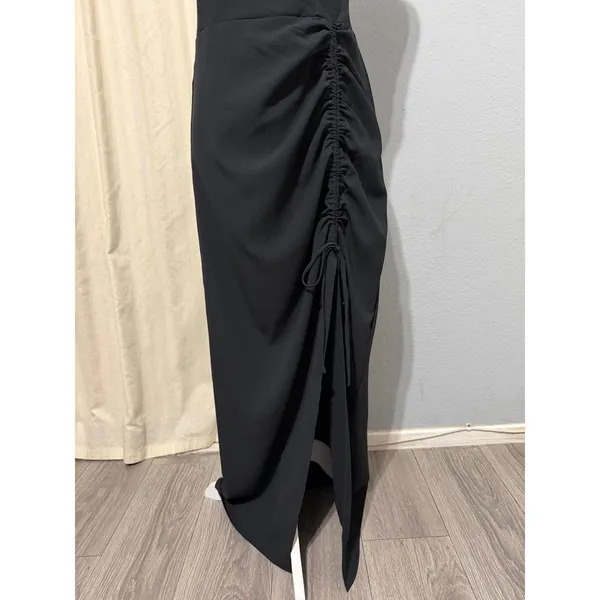 New Material Girl Midi Dress L Caviar Black Ruched Side Slit Cocktail Prom Edgy - Image 4