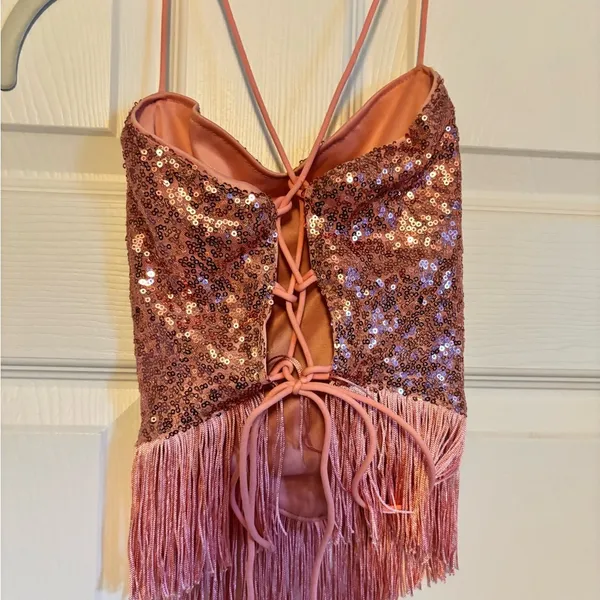 SheIn Pink Sparkle Costume Tank Top with Fringe - Image 2