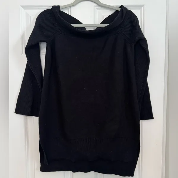 Anthropologie Elise Ribbed Black High-low Hem Off Shoulder Tunic Sweater Medium - Image 3