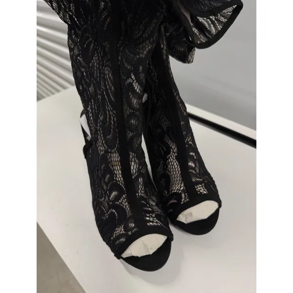 Bamboo Black Floral Lace Over The Knee Peep Toe Block Heel Boots Size 9 - Image 3