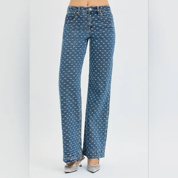 Wide Leg Blue Patterned Jeans - Women's Flare & Wide Leg - Image 5