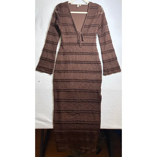 Brown Lace Ruffle Tiered Maxi Dress V-Neck Long Sleeve M - Image 2