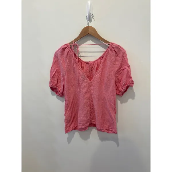 J. Crew Pink Linen Blend Puff Sleeve Tie Neck Blouse Top Size 4‎ - Image 2
