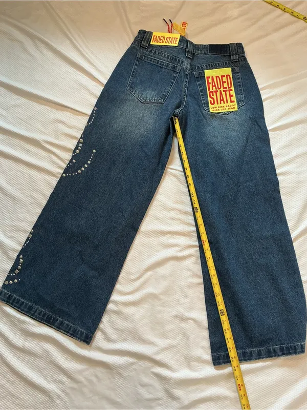 Dark Blue Wide-Leg Jeans with Studded Swirl Detail - Image 7