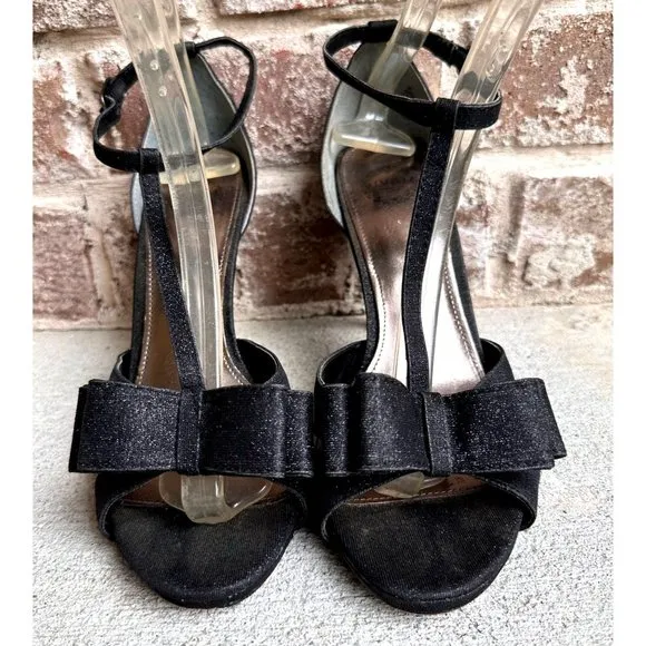 I Miller Black Stiletto High Heels 9M Black Bow Ankle Buckle Peep Toe Br… - Image 2