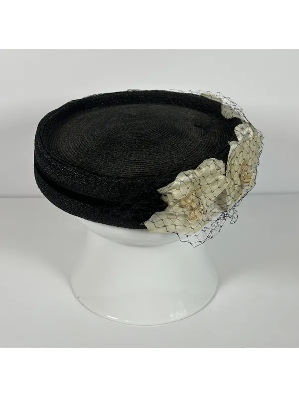 Vintage Union Made Black Pillbox Hat with Cream Floral Accents and Veil - Image 4