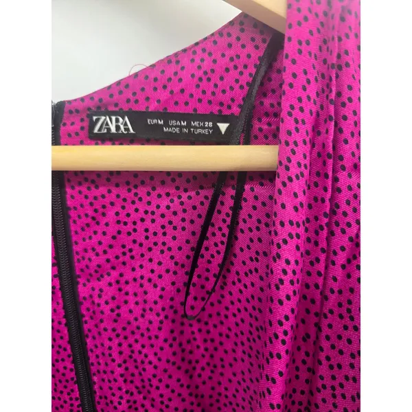 Zara Dress Womens Medium Ruched Mini Magenta Black Polka Dot Long Sleeve EUC - Image 2