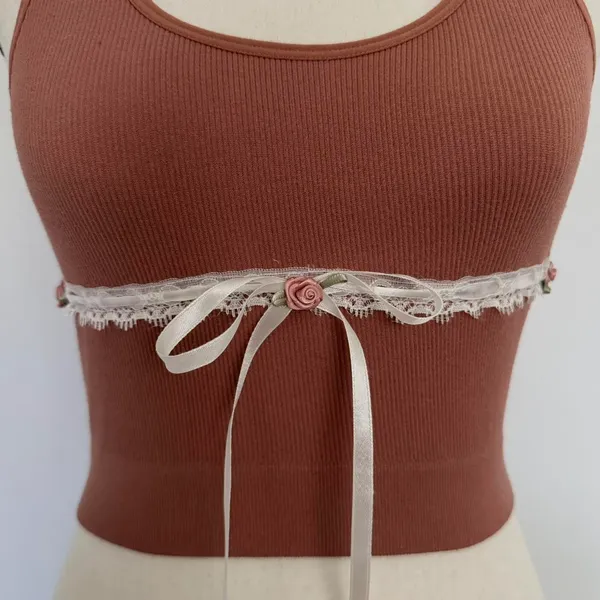 terracotta rust tank with white lace, three mauve pink rosebuds, & a white ribbon bow 🌷🤍✨ - Image 3