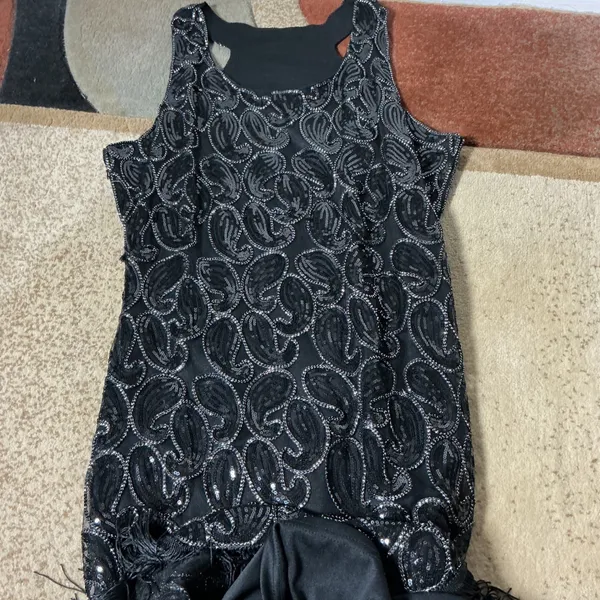 Flapper Gatsby Sequin Fringe Dress Womens XL Black Silver Paisley Glam - Image 5