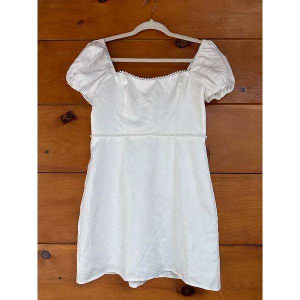 NWT Lulus Adorable Poise White Pearl Puff Sleeve Mini Dress Engagement Wedding M - Image 2