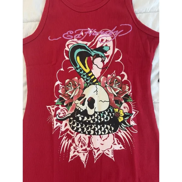 NWT Ed Hardy Dress Red Cobra Ribbed Tank Snake Skull Y2K Biker Rocker Tattoo MTV - Image 3