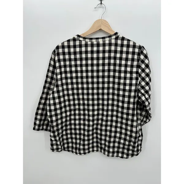 LL‎ Bean Womens XL Black White Gingham Cotton Henley 3/4 Sleeve Top - Image 2