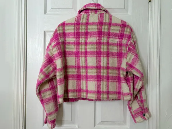 Zara Cropped Plaid Shacket Jacket Pink Cream Fuzzy Cozy Preppy Fall Size S - Image 3