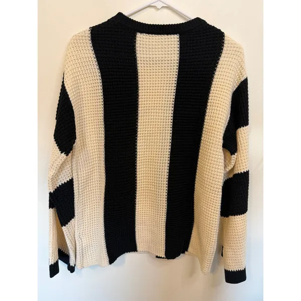 Unbranded Waffle Knit Sweater Women M Black Cream Excellent Striped Pullover - Image 6