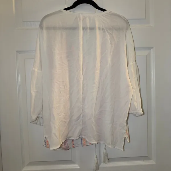 Gibson Latimer Embroidered Peasant Blouse‎ White XL Boho Tassel Casual Vacation - Image 5
