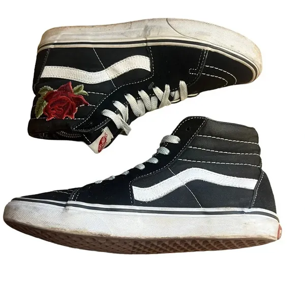 Vans Sk8-Hi Black‎ Suede High Top Rose Embroidered Unisex Sneakers M6.5 / W8.0 - Image 3