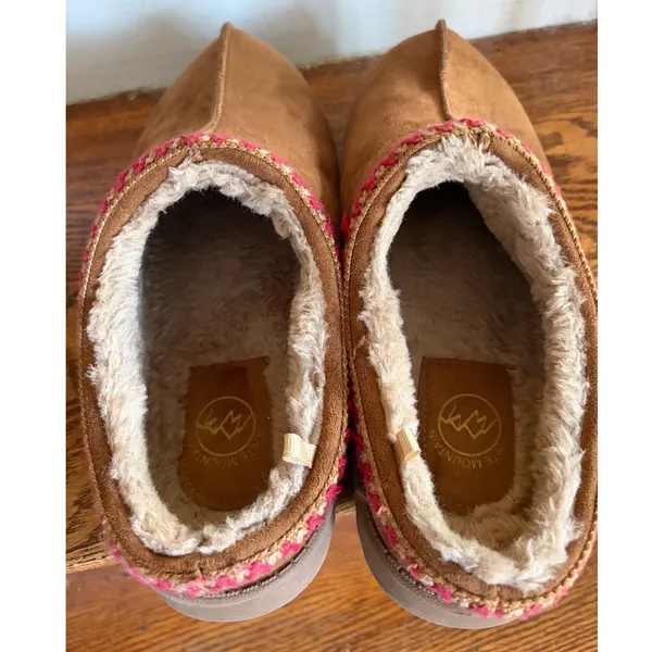 White Mountain Womens Size 10 Chestnut Suede Faux‎ Fur Lined Slippers Pink Trim - Image 6