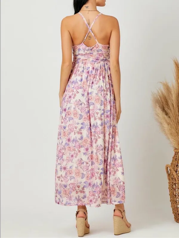 Mystree Cream Floral Mesh Maxi Dress Criss Cross Back Polyester Blend Sz L NWT - Image 3