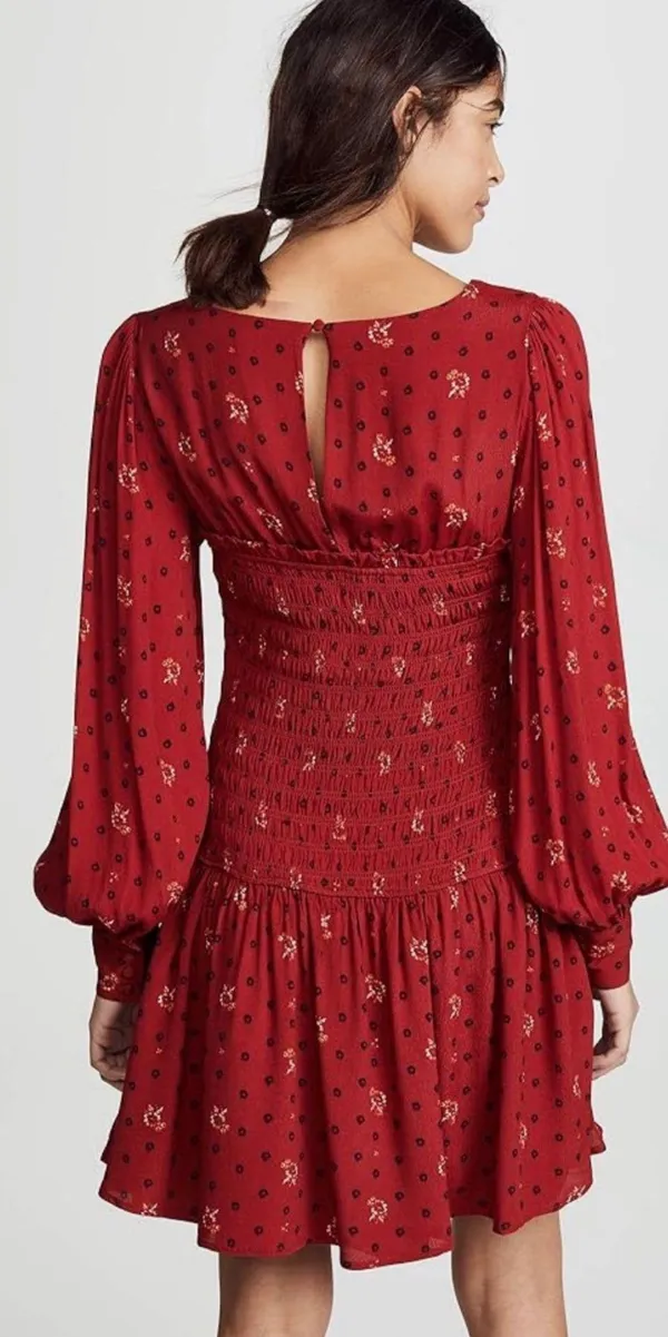 Free People Dress Two Faces Mini Ruched Bodice Long Sleeve Boho Ruby Red S - Image 2