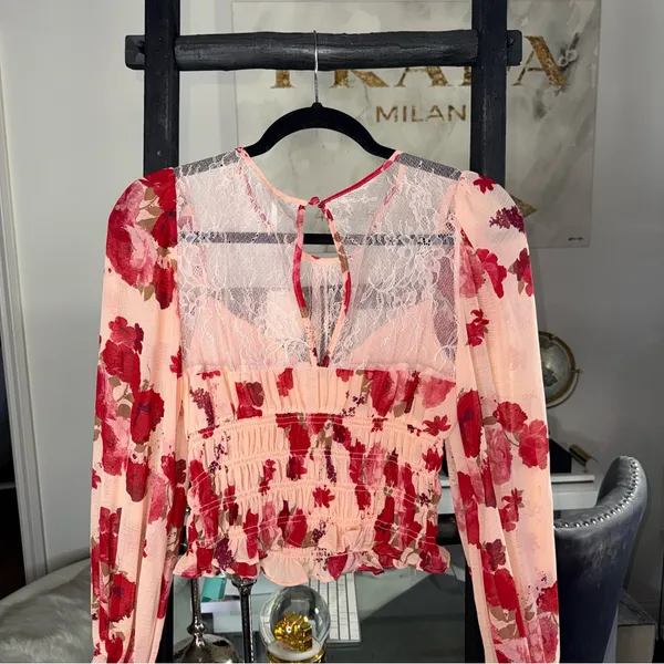 Free People Daphne Floral Lace Smocked Long Sleeve Blouse Romantic Combo Size XS - Image 11
