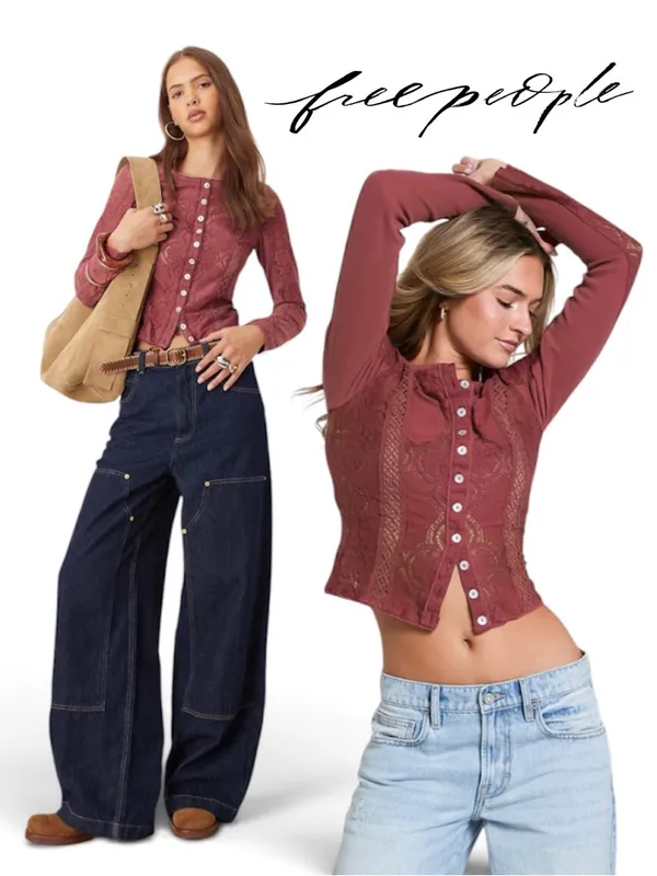 FREE PEOPLE Jae Knit Sheer Lace Long Sleeve Top Cardigan Cropped Y2K Boho XS - Image 2