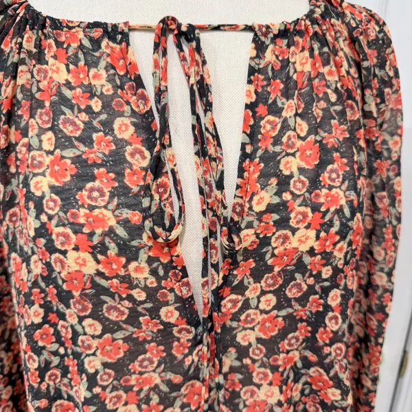 Free People Intimates Floral Chiffon Long Sleeve Bodice Bodysuit Small Black Red - Image 2