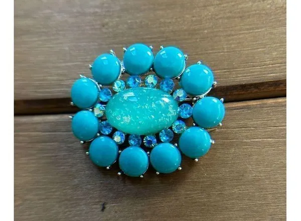 Faux turquoise/opal brooch aqua blue and silver back - Image 5
