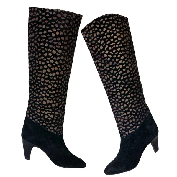 Nina Black & Brown Spotted Genuine Suede Pull On Knee High Boots (5.5) - Image 5