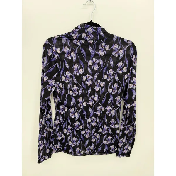 WHBM Purple Iris Floral Mesh Mock Neck Top Small Black Grunge Festival Boho Art - Image 2