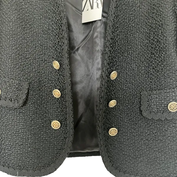 Zara Black Tweed Double Breasted Open Collarless Blazer Jacket Size XS NWT - Image 5