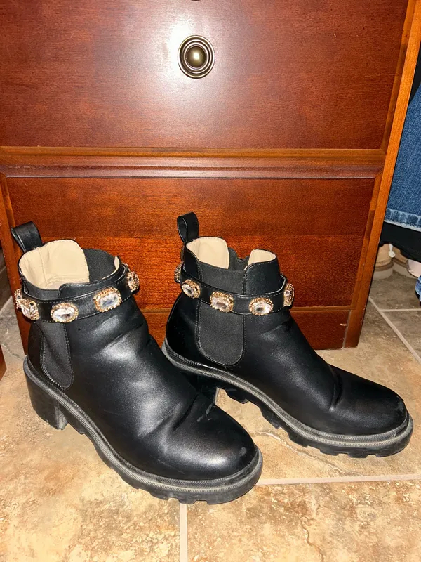 Steve madden Women's Black Leather Ankle Boots with Decorative Crystal Strap - Image 3