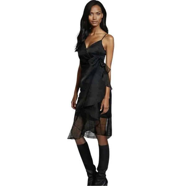 NY&Co Dress Day Black Ruffle Wrap Midi Dress Medium Sheer Organza Cocktail NWT - Image 3