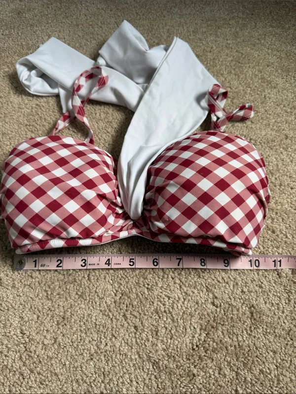 Unique Vintage Red & White Gingham Retro Bikini Top With Large White Bow - Image 8
