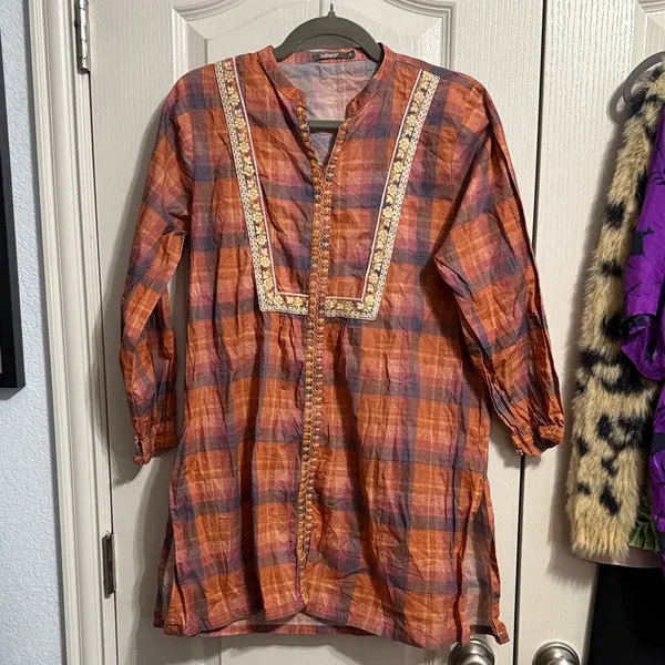 Earthy‎ Plaid Embroidered Trim Boho Tunic Cottagecore Lagenlook Natural Fibers - Image 2