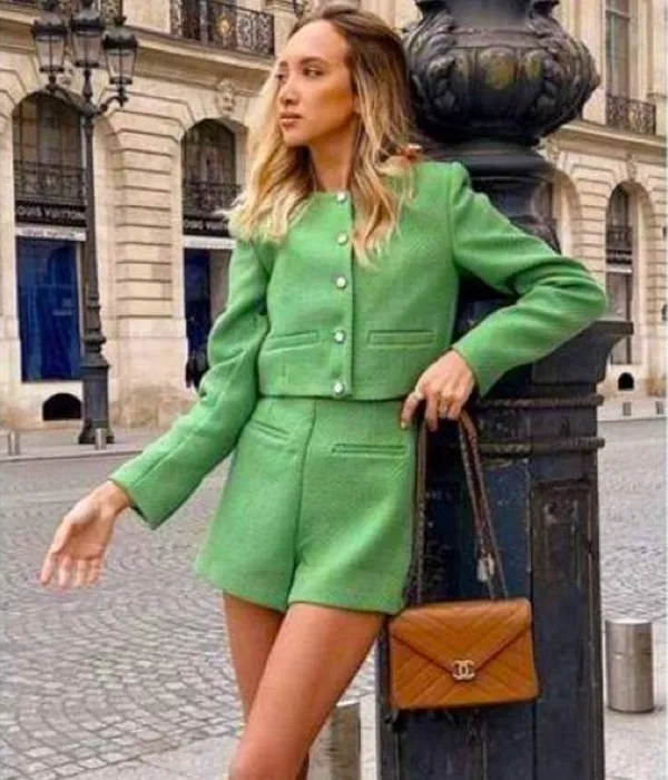 Zara Tweed Weave Structured High Waist Shorts Green Size S New - Image 4