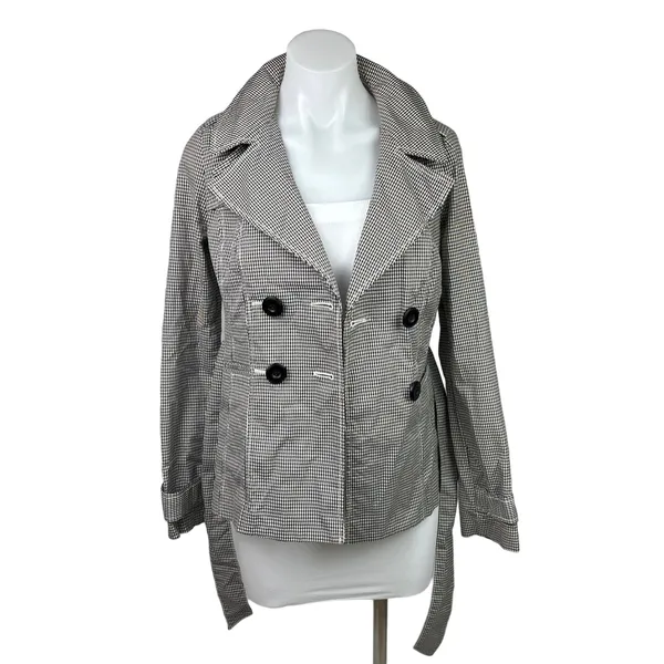Halogen Black White Gingham Check Double Breasted Tie Belt Trench Jacket Sz XS - Image 2