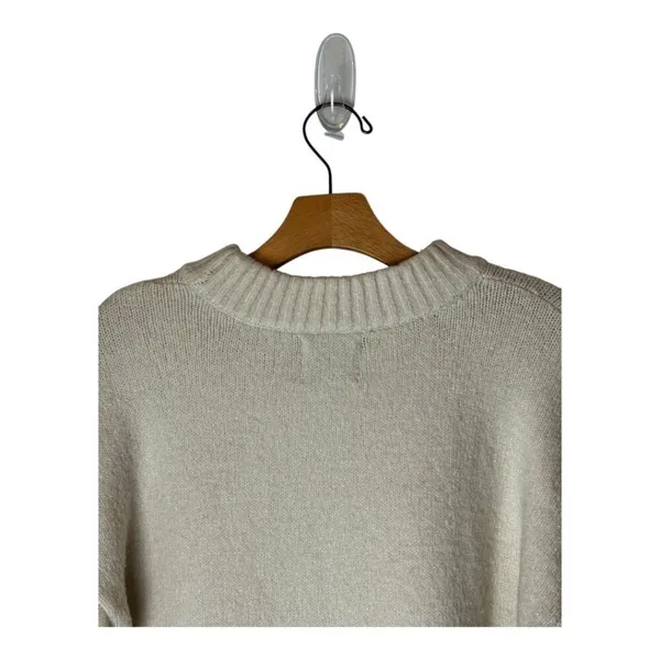 JOA Sweater Women Small Ivory‎ Navy Blue Trim Knit Hi Low Tie Sleeve Sweater - Image 5