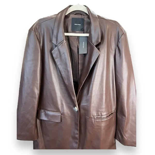 Vero Moda Blazer‎ Size M Olivia Faux Leather Blazer in Coffee Bean Pockets NWT - Image 2