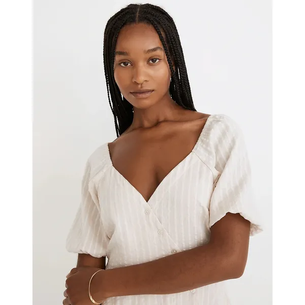Madewell Puff-Sleeve Button-Wrap Striped Midi Dress Size 6 - Image 4